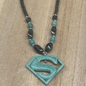 S Shaped Unisex Superman Superhero Turquoise Hematite Stone Necklace